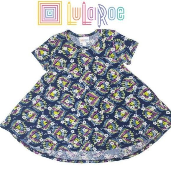 Lularoe Girls Floral Heart Pattern Short Sleeve Dress Size 2 - Picture 2 of 6